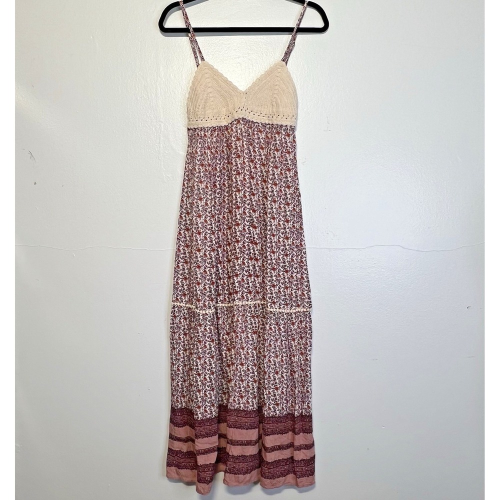 En Creme Maxi Dress Crotchet Bodice Floral Adjustable Straps Sz S Cottagecore